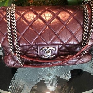 Auth Chanel Jumbo Portobello Burgundy/Black Bag.